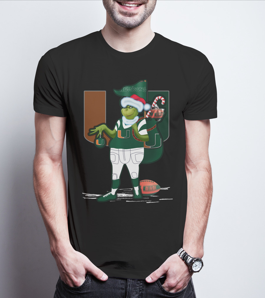 Grinchxmas Miami Hurricanes Festive Football Santa Grinch With Logo And Candy Cane Sack T-Shirt
