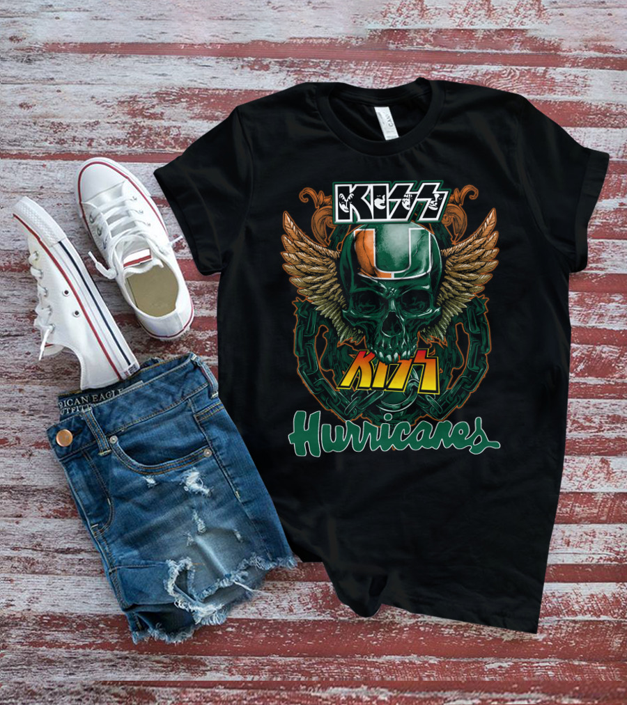 Kiss Miami Hurricanes Skull Winged Helmet Logo Collaboration T-Shirt
