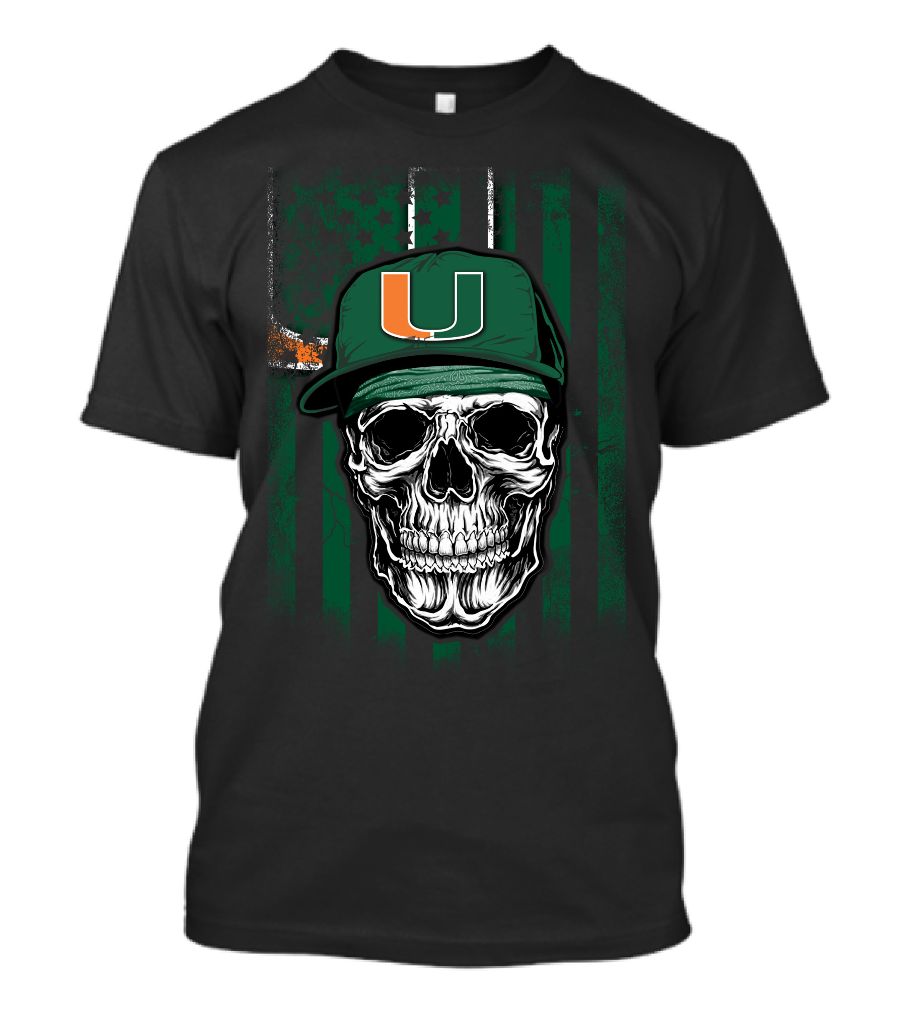 Skull Miami Hurricanes U Logo Cap With Green Stripes T-Shirt