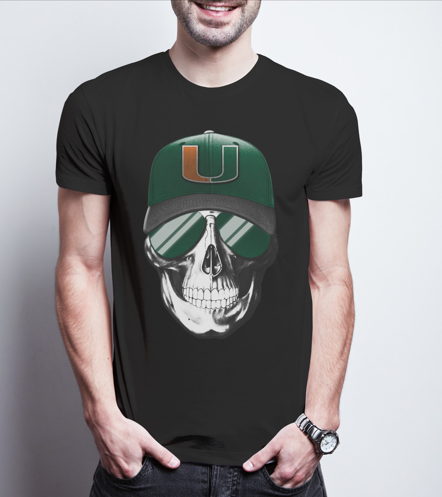 Miami Hurricanes Skull Cap With Reflective Sunglasses T-Shirt