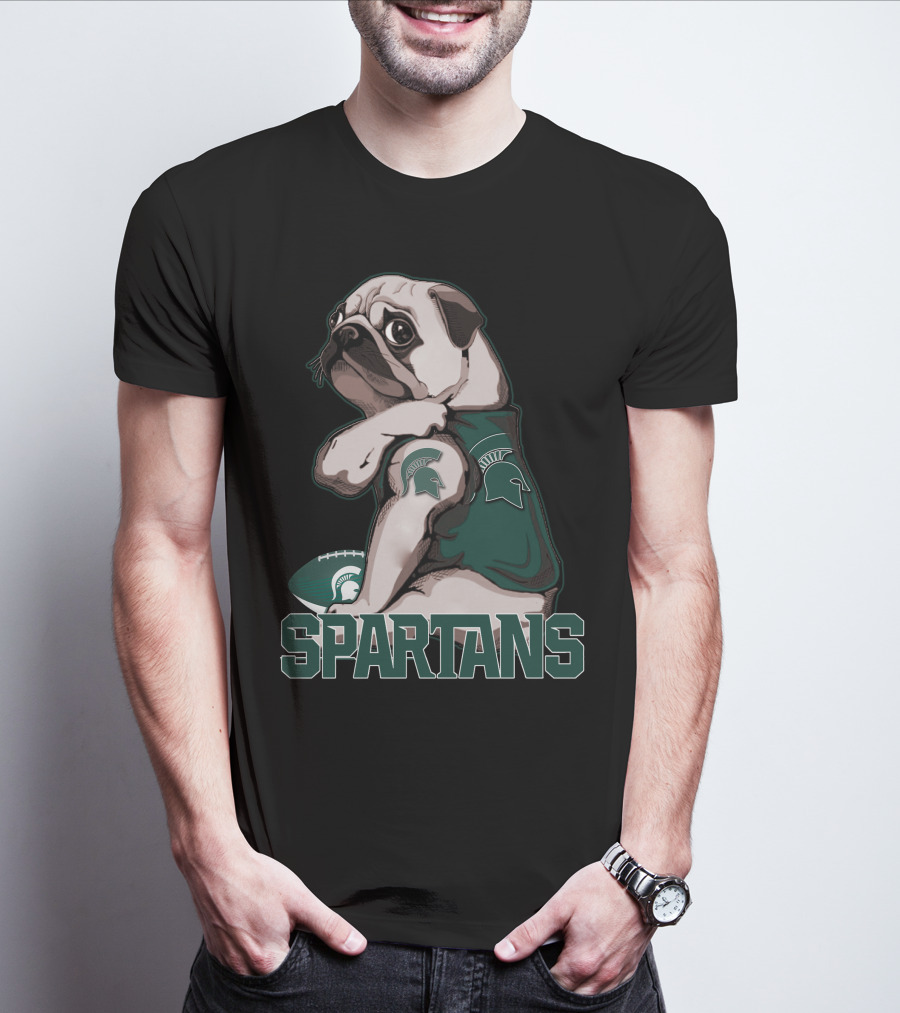 Pug Michigan State Spartans Football Fan With Spartan Helmet T-Shirt