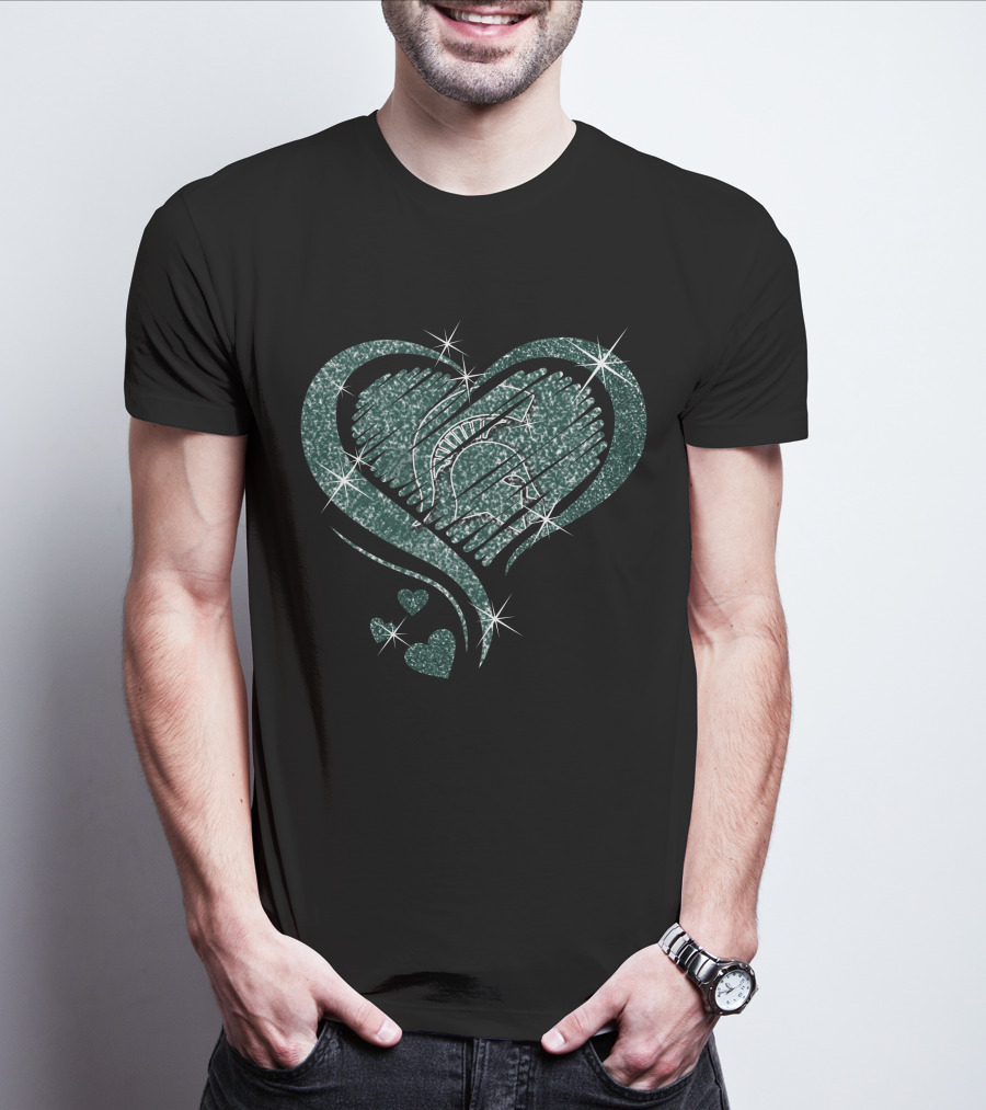 Heart Diamond Glitter Michigan State Spartans Helmet Sparkle T-Shirt