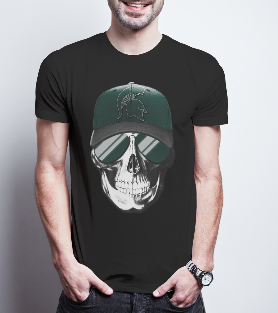 Skull With Hat Featuring Michigan State Spartans Helmet T-Shirt