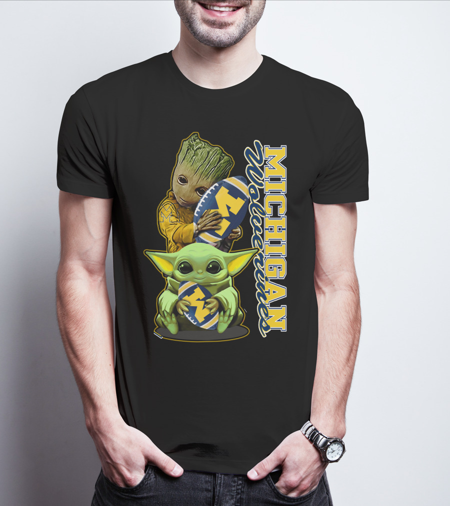 Michigan Wolverines Grogu And Groot Football T-Shirt