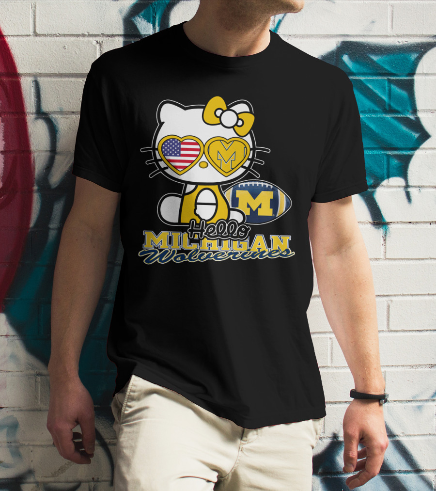 Hello Kitty Michigan Wolverines American Flag Football T-Shirt