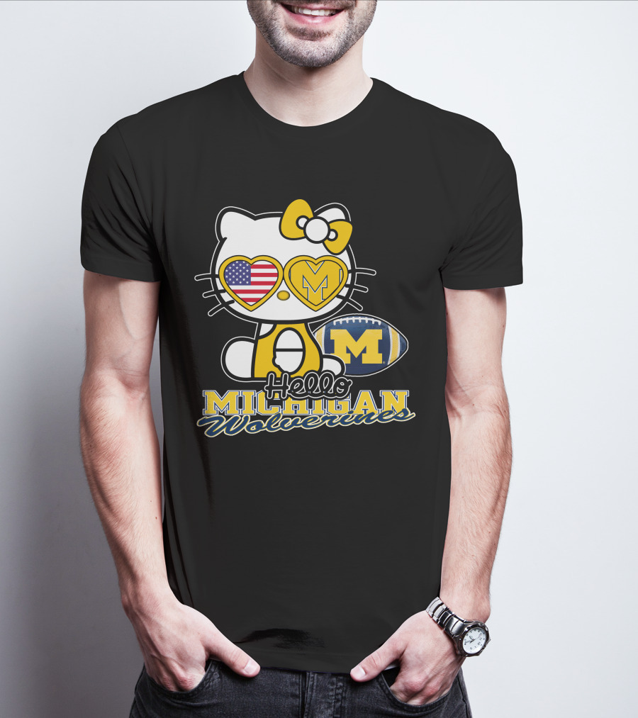 Hello Kitty Michigan Wolverines American Flag Football T-Shirt