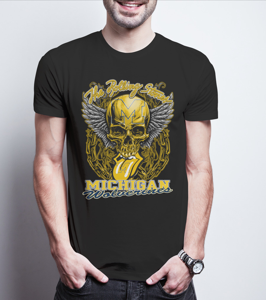 The Rolling Stones Michigan Wolverines Skull With Winged Helmet And Classic Tongue T-Shirt
