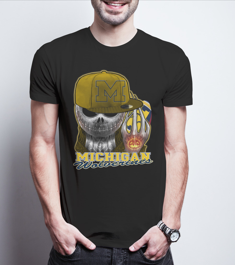Jackskull Michigan Wolverines Halloween Skull With Wolverine Colors And Cap T-Shirt