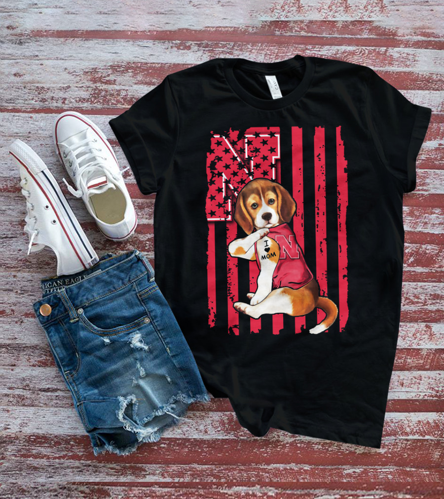 Beagle I Love Mom Nebraska Cornhuskers American Flag Stars And Stripes Football T-Shirt