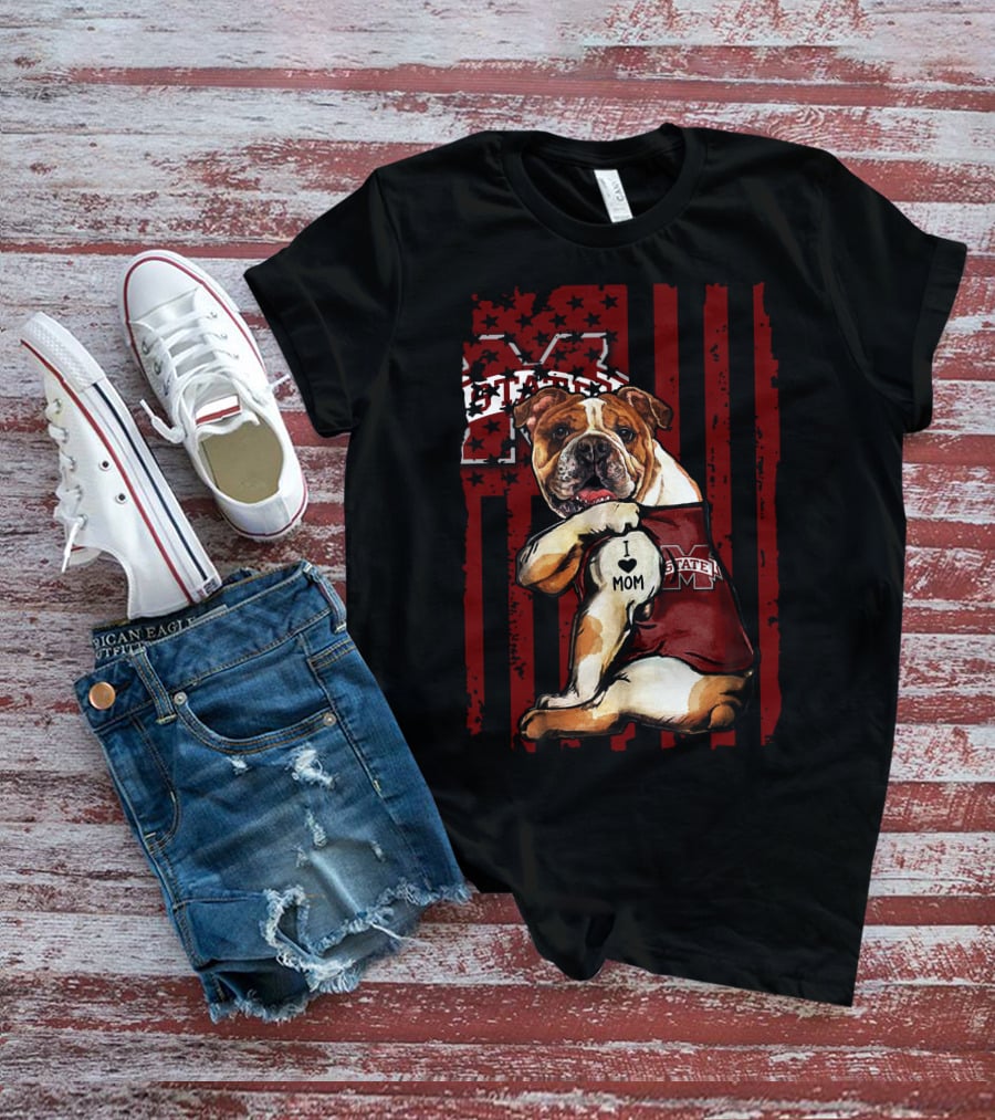Mississippi State Bulldogs Bulldog With I Love Mom And Logo Background T-Shirt