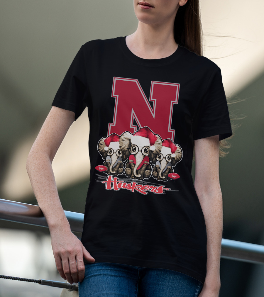 Elephan Xmas Nebraska Huskers Santa Hat Trio T-Shirt