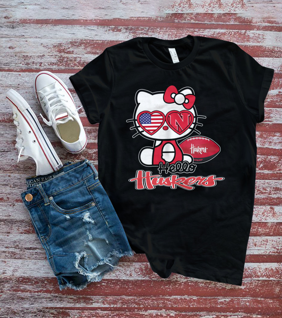 Hello Kitty Huskers Nebraska Football Heart Flag T-Shirt