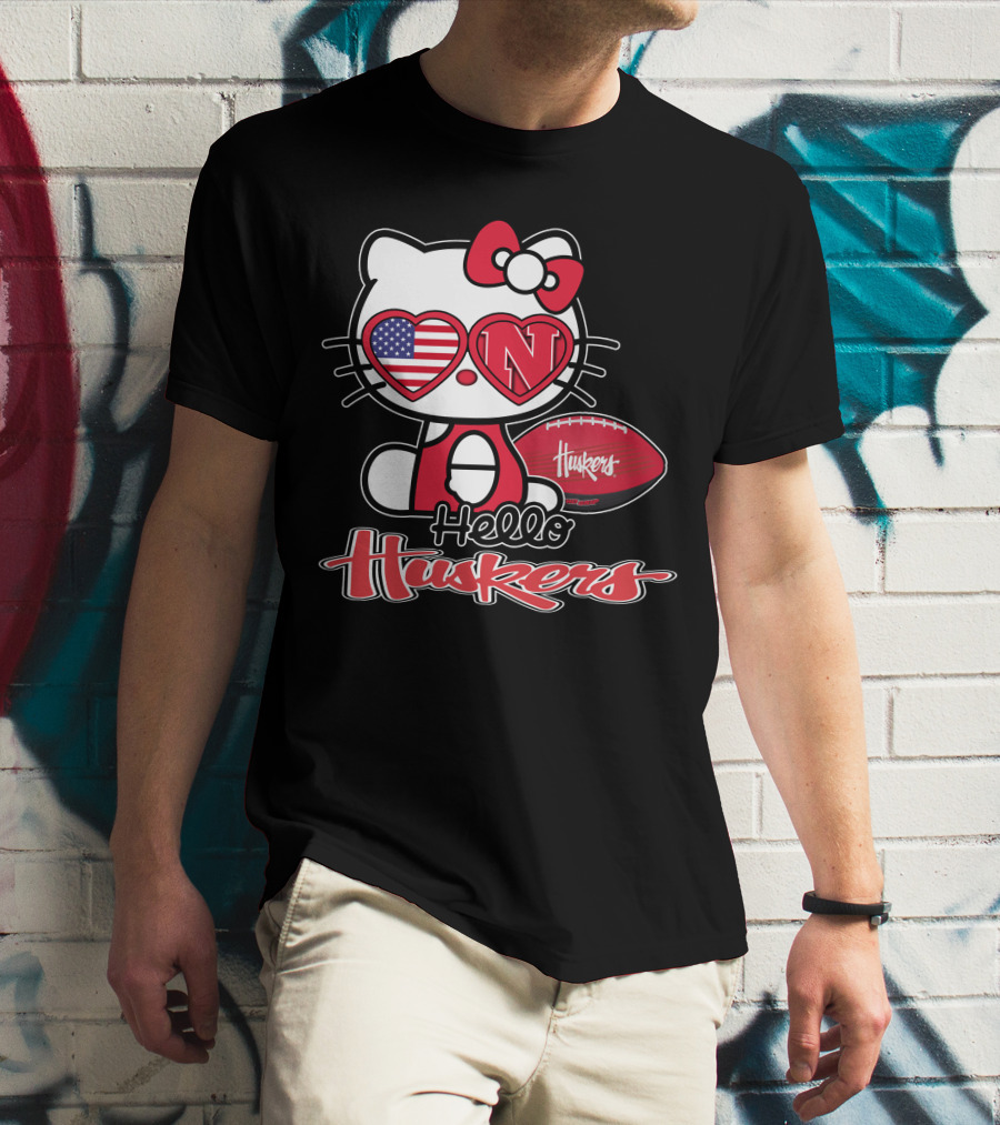 Hello Kitty Huskers Nebraska Football Heart Flag T-Shirt