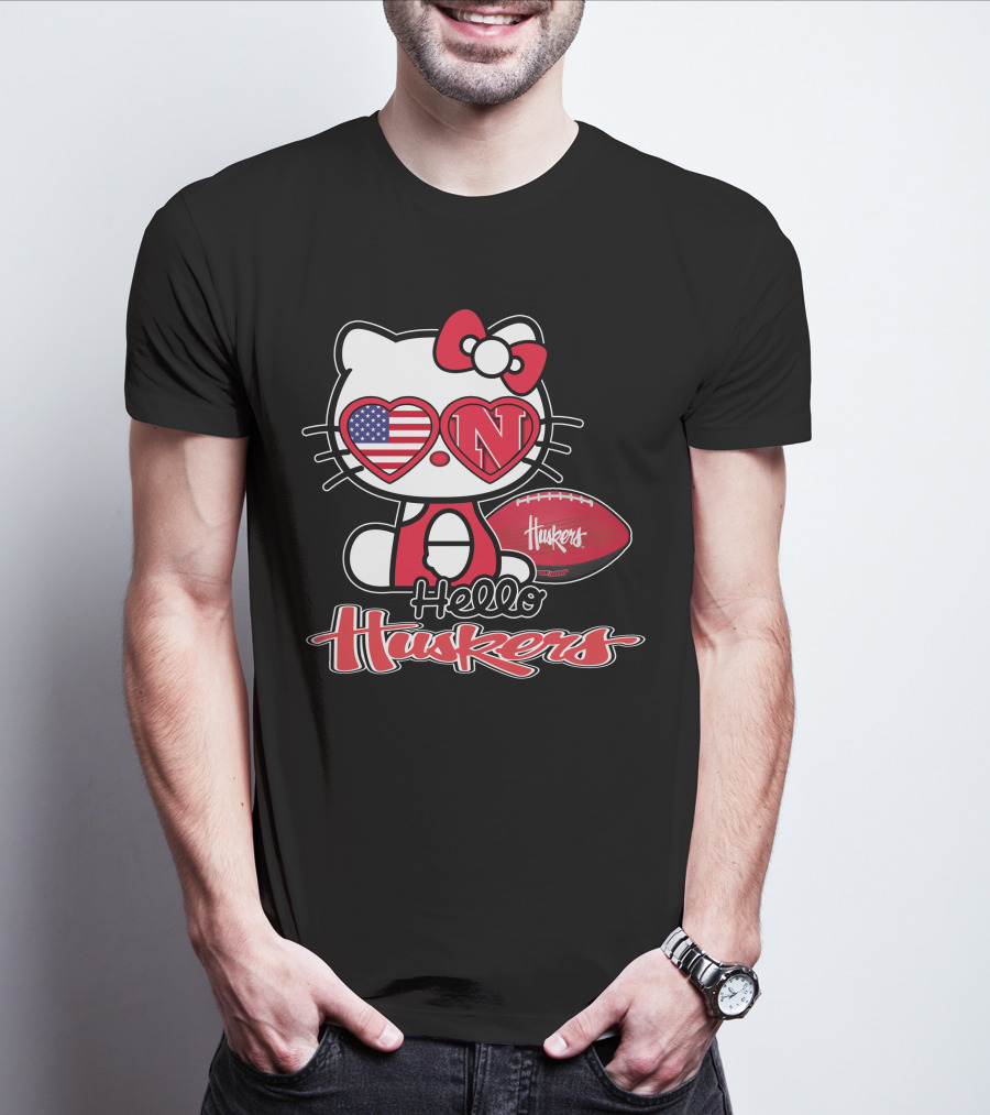 Hello Kitty Huskers Nebraska Football Heart Flag T-Shirt