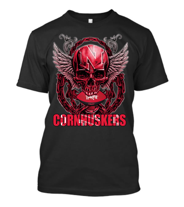 Nebraska Cornhuskers Winged Skull With Chain And Football Helmet Decor T-Shirt