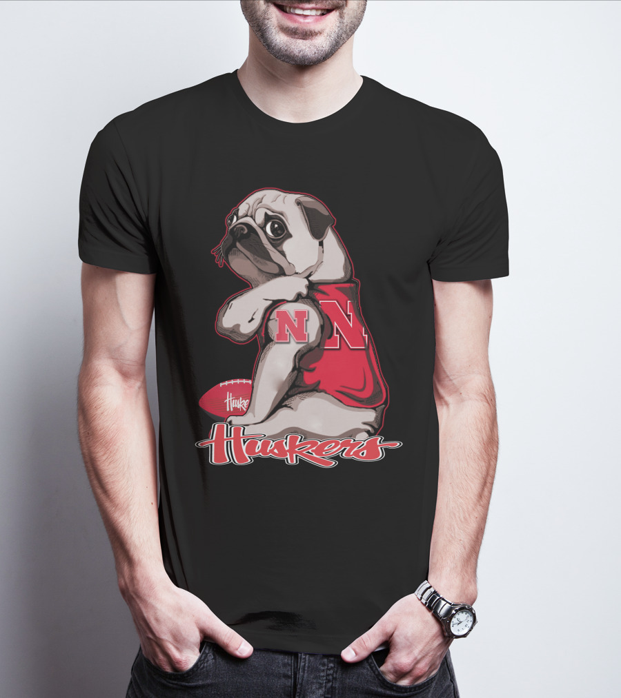 Pug Wearing Nebraska Cornhuskers Shirt And Football Huskers T-Shirt