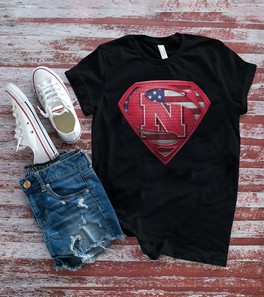 Superman Logo Style Nebraska Cornhuskers With American Flag Theme T-Shirt