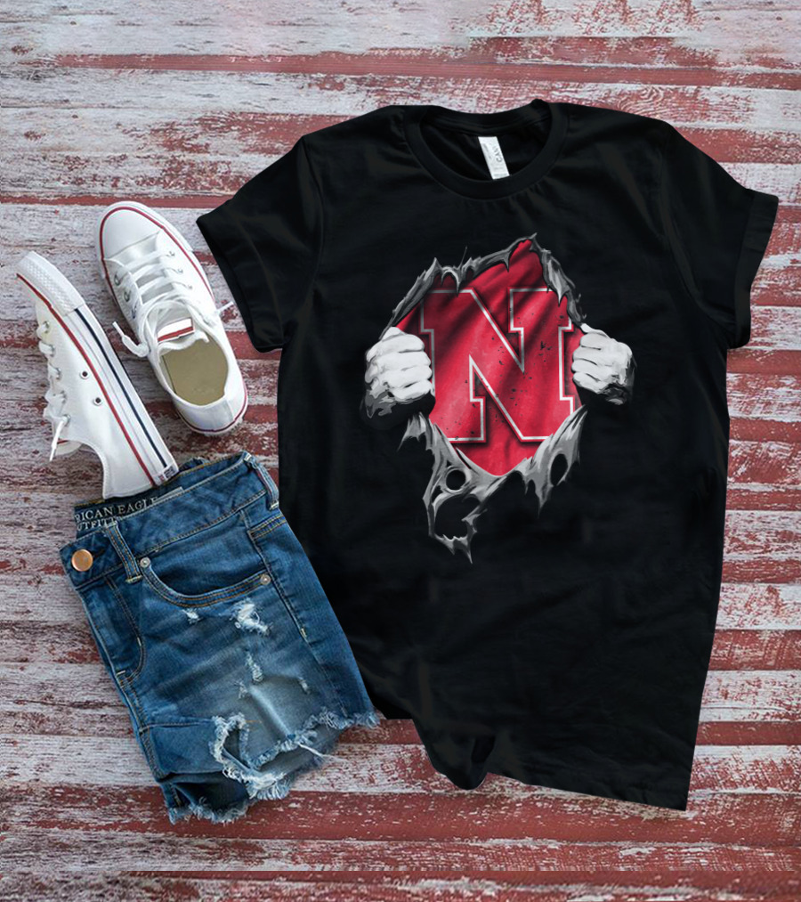 Torn Nebraska Huskers Bold N Emblem Peeking Through Ripped T-Shirt