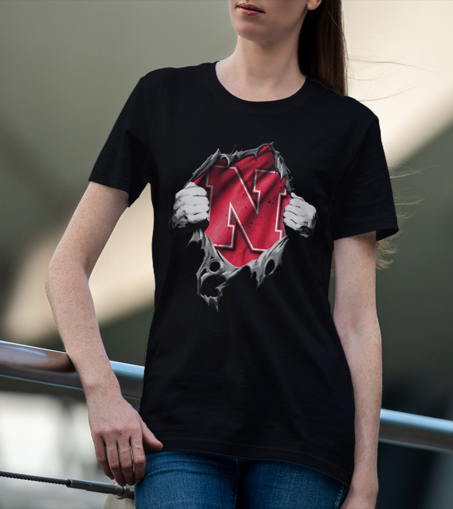 Torn Nebraska Huskers Bold N Emblem Peeking Through Ripped T-Shirt