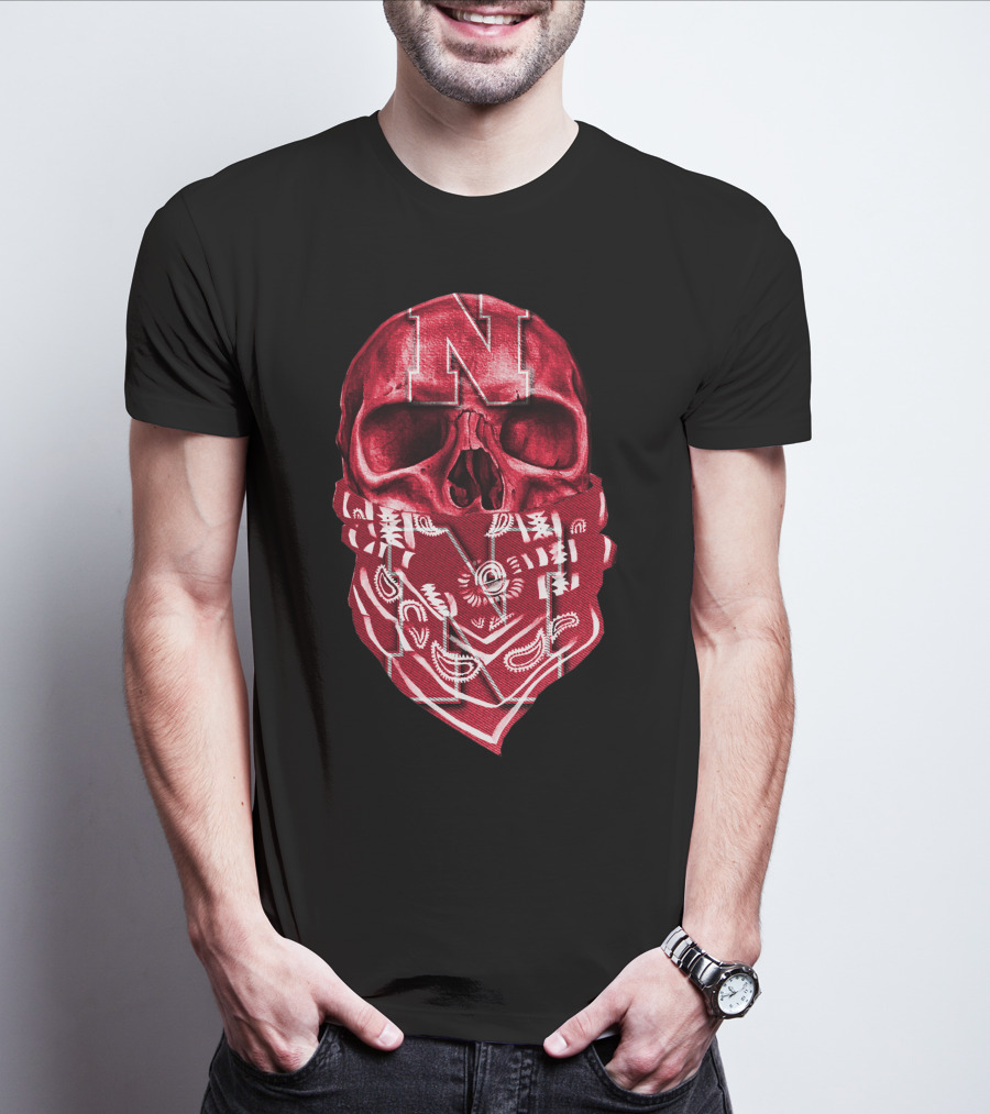 Nebraska Cornhuskers Skull With Red Bandana And N T-Shirt