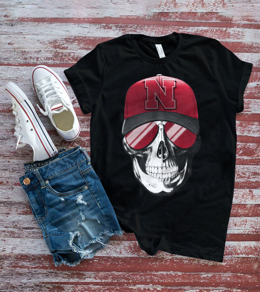 Skull Wearing Nebraska Cornhuskers Red N Cap With Sunglasses T-Shirt