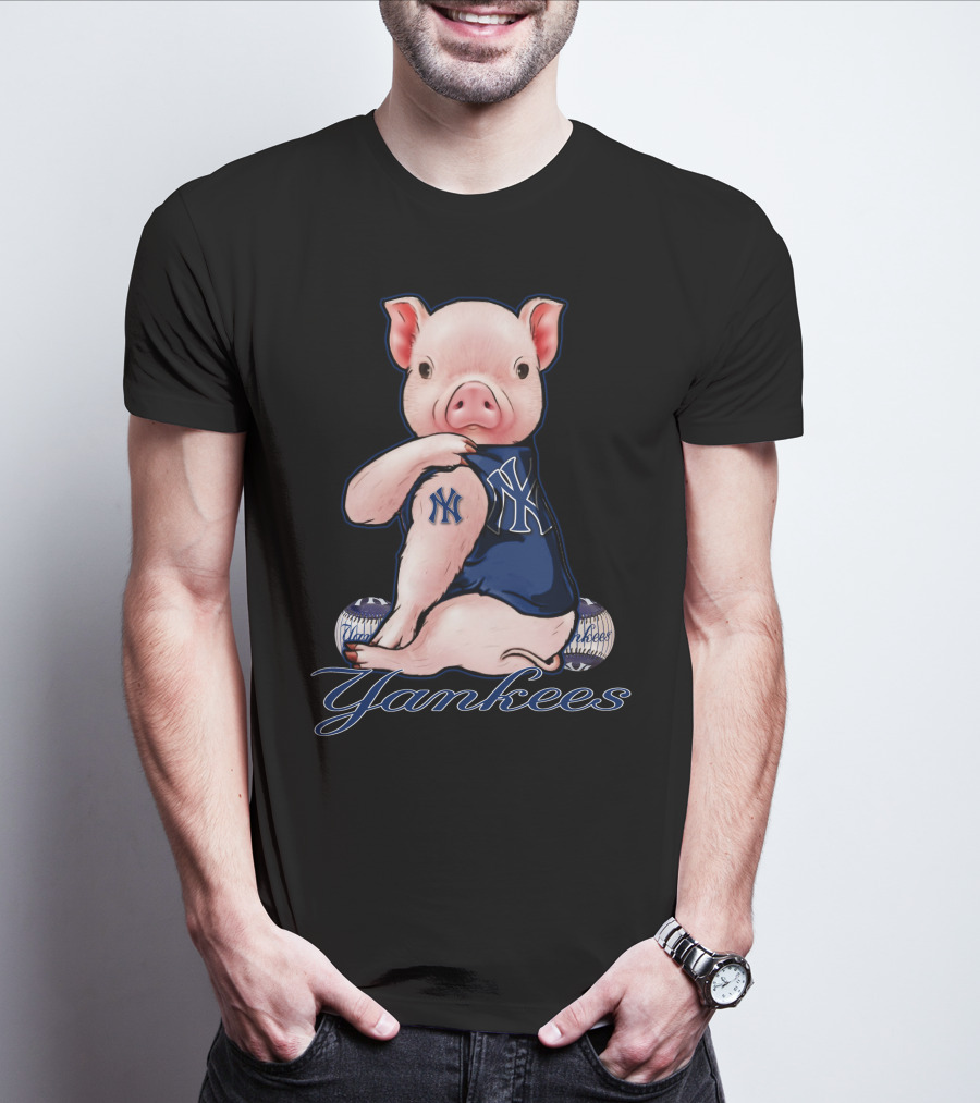 Pig Yankees Baseball Fan With NY Tattoo T-Shirt