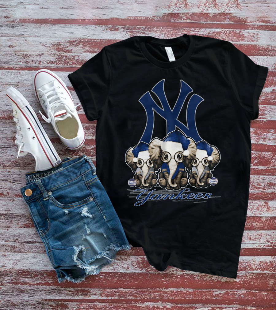 Elephant Xmas New York Yankees Blue Santa Hat Trio T-Shirt