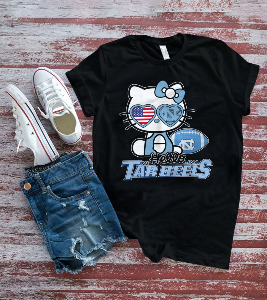 Hello Kitty North Carolina Tar Heels Football American Flag Heart T-Shirt