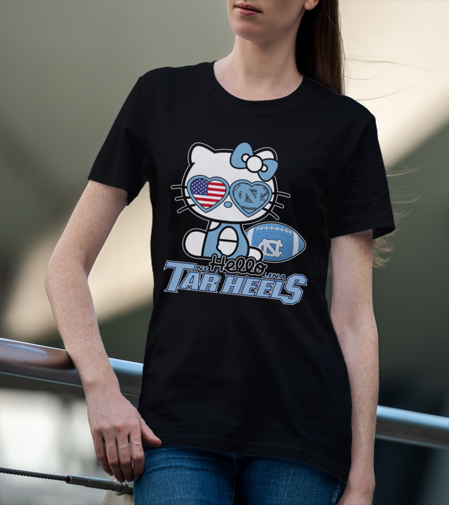 Hello Kitty North Carolina Tar Heels Football American Flag Heart T-Shirt