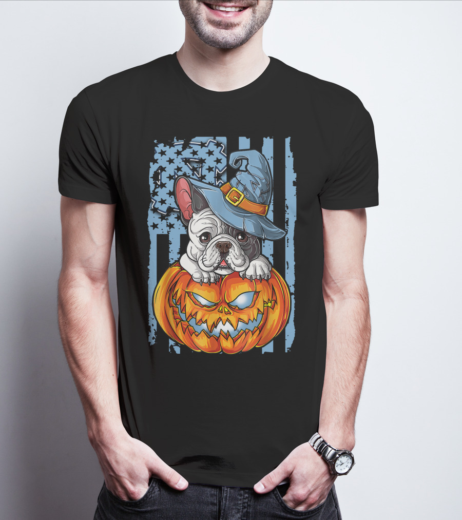 Bulldog With Witch Hat On Jack-o'-Lantern North Carolina Tar Heels Halloween T-Shirt