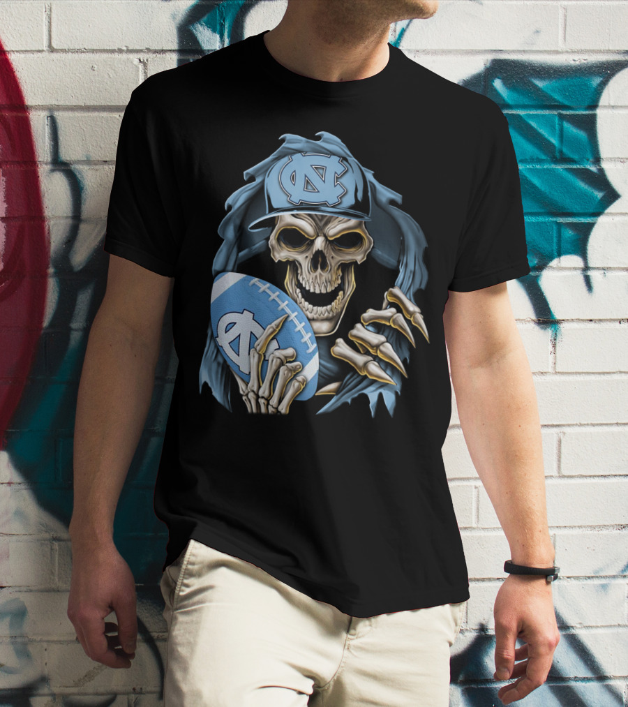 Skullbong North Carolina Tar Heels Skeleton Football Fan With Cap And Ball T-Shirt