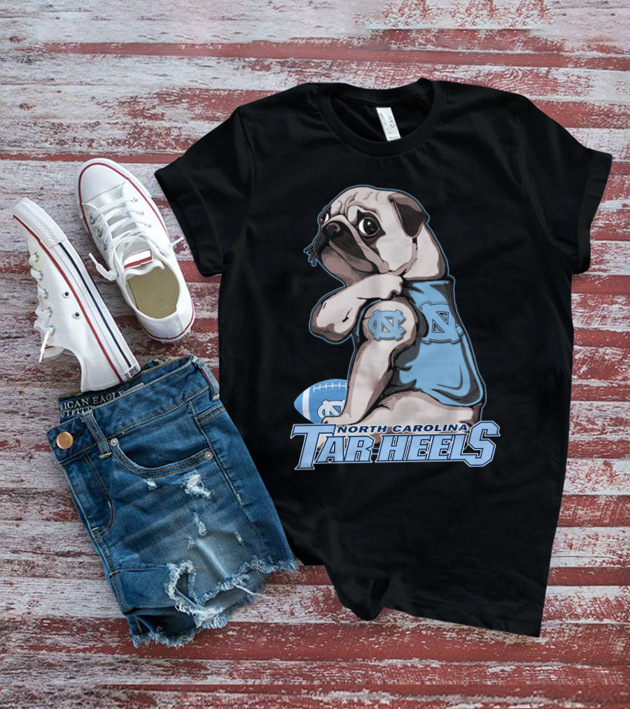 Pug Wearing North Carolina Tar Heels Sports Jersey With Football T-Shirt