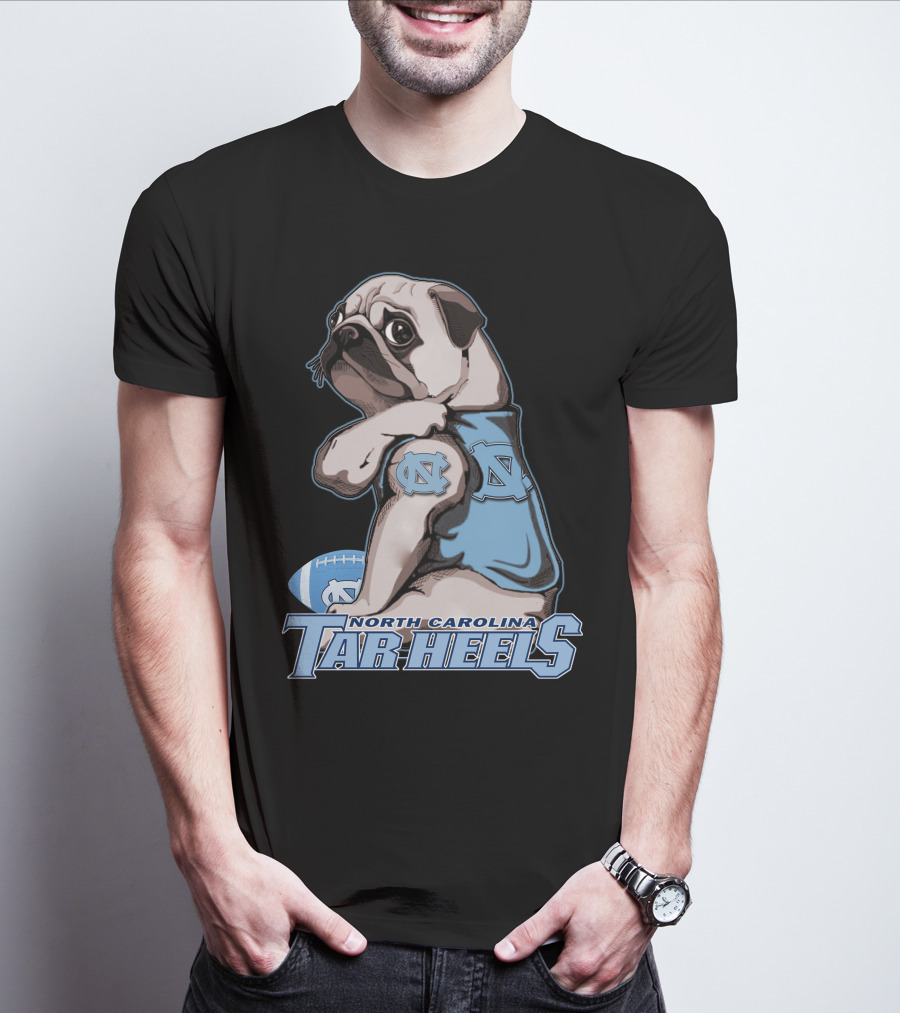 Pug Wearing North Carolina Tar Heels Sports Jersey With Football T-Shirt