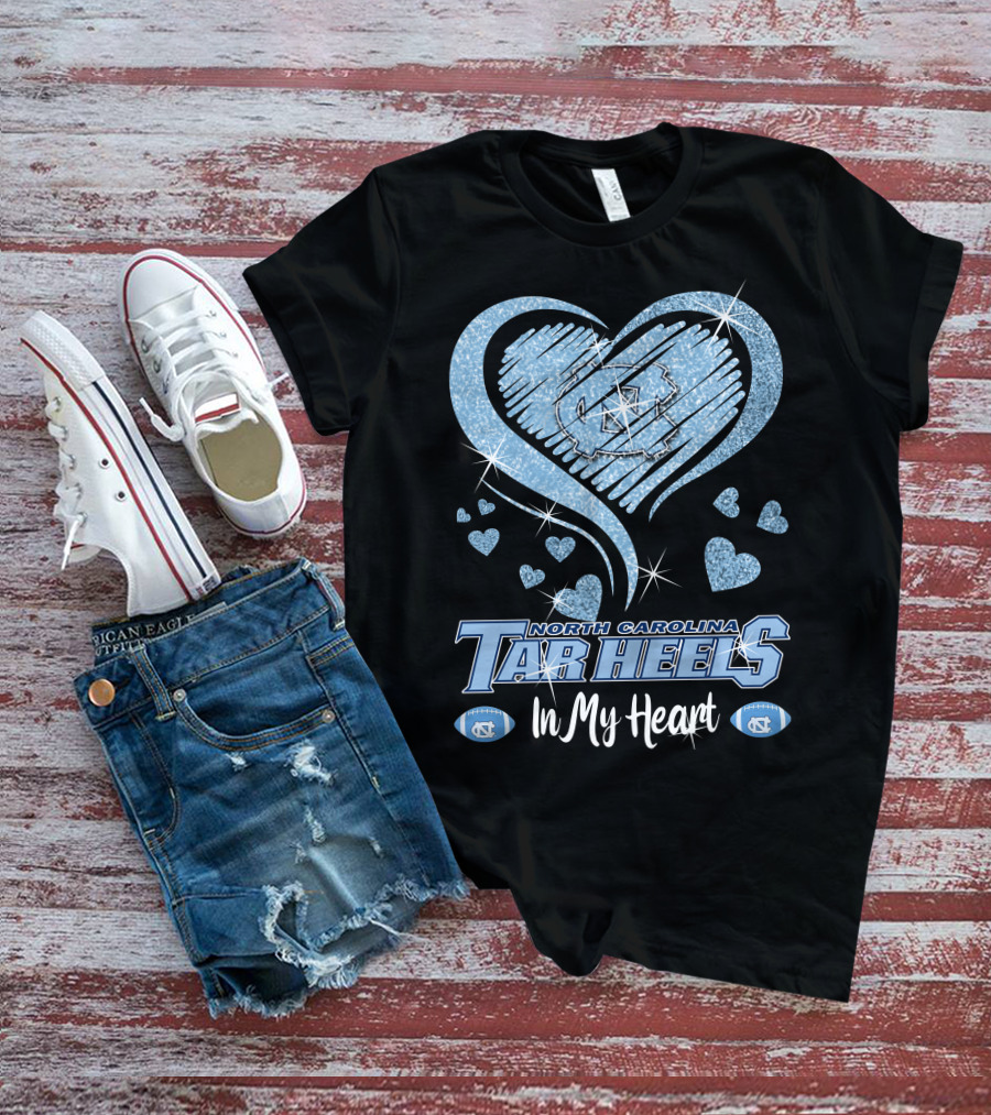 North Carolina Tar Heels In My Heart Sparkling Logo And Footballs T-Shirt