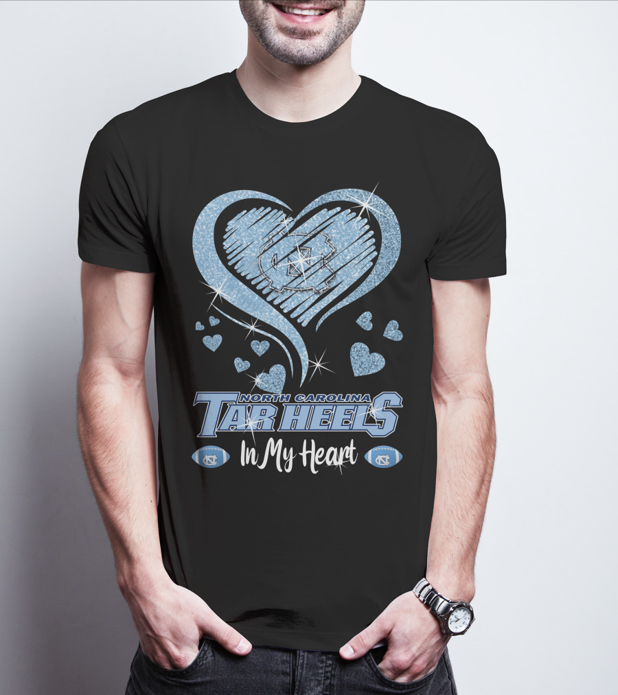 North Carolina Tar Heels In My Heart Sparkling Logo And Footballs T-Shirt