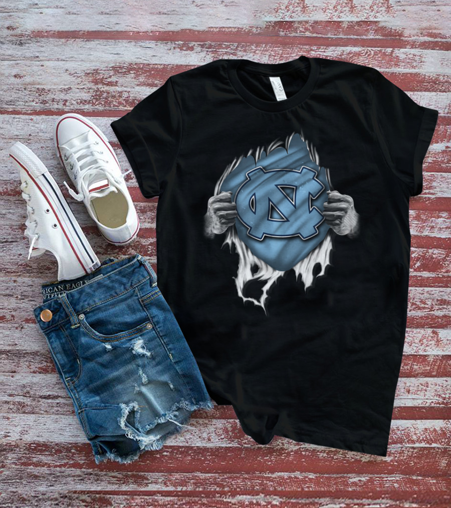 Torn North Carolina Tar Heels Ripped Logo Hands Pulling Apart T-Shirt