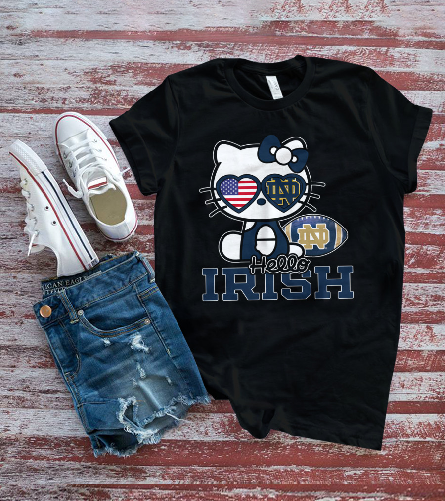 Hello Kitty Notre Dame Fighting Irish Football USA Flag T-Shirt