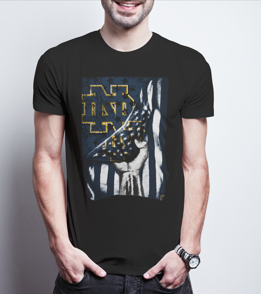 Notre Dame Fighting Irish ND Logo With American Flag Background T-Shirt