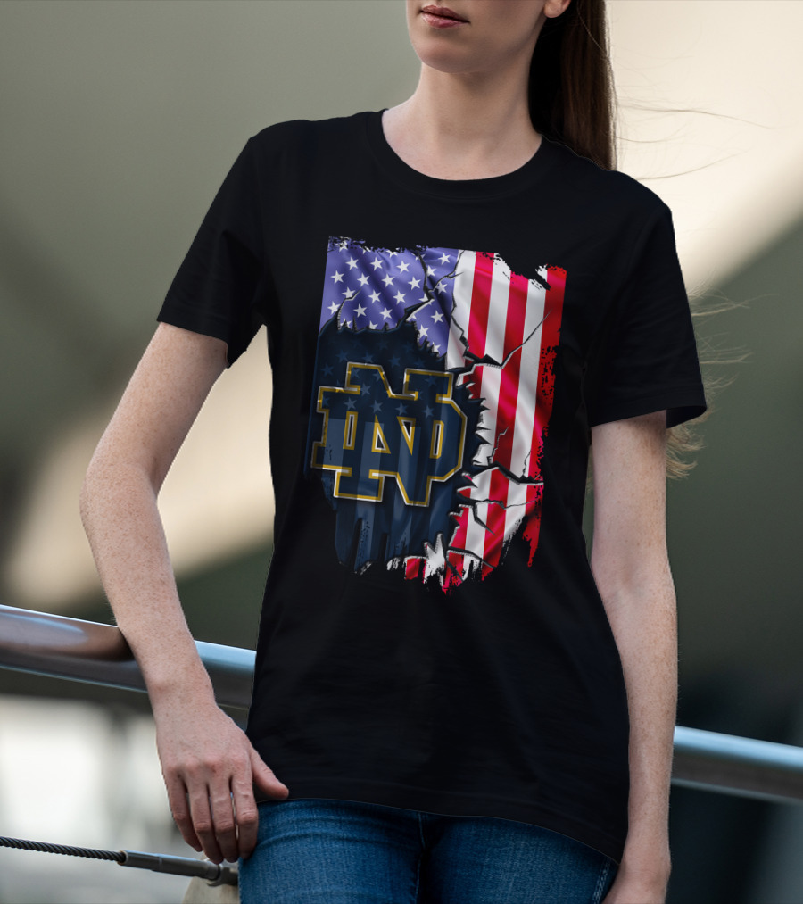 American Flag With Notre Dame ND Monogram Fighting Irish T-Shirt