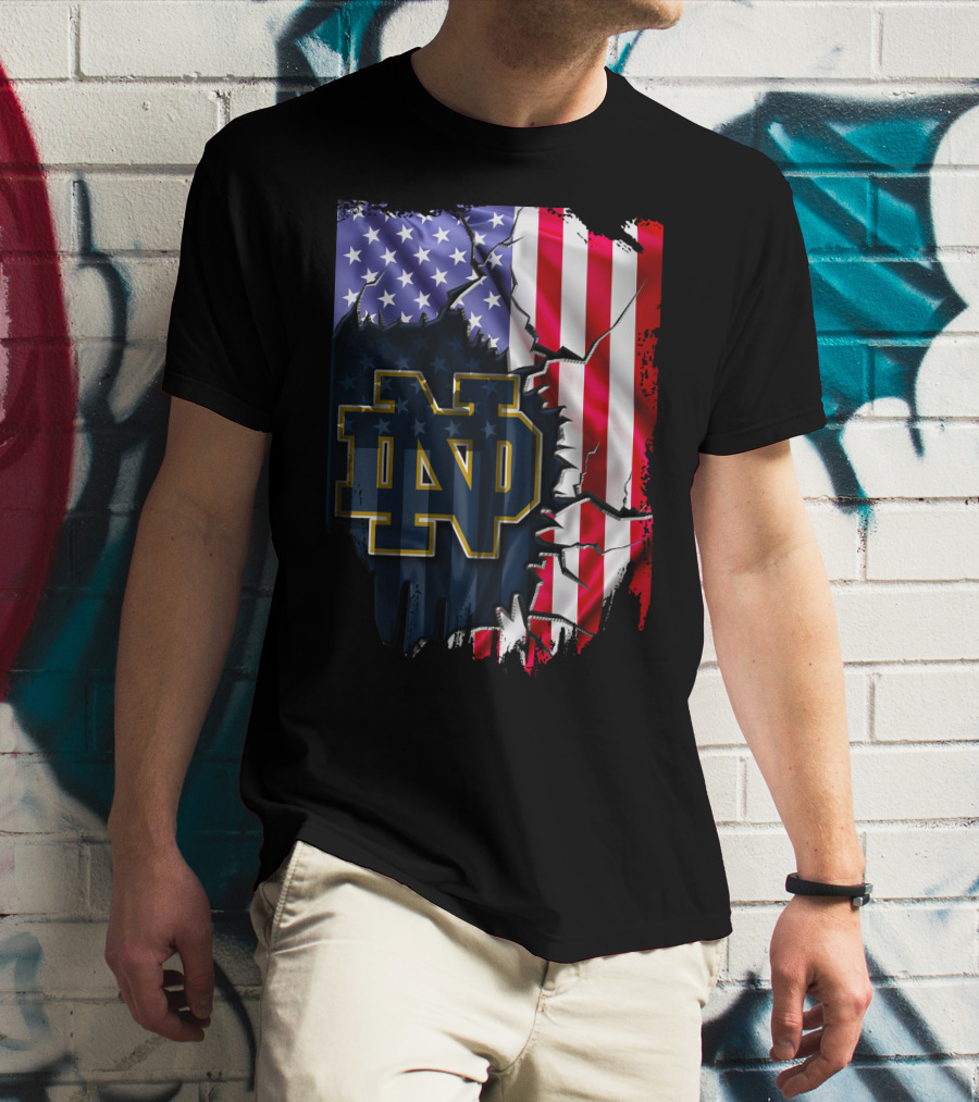 American Flag With Notre Dame ND Monogram Fighting Irish T-Shirt