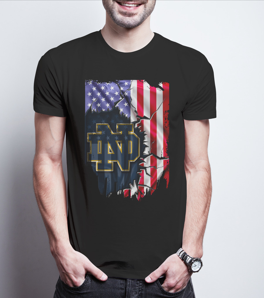 American Flag With Notre Dame ND Monogram Fighting Irish T-Shirt