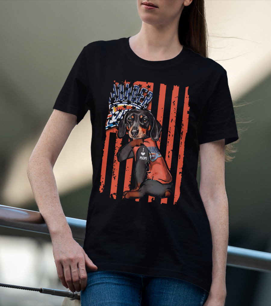 Dachshund Wearing Oklahoma City Thunder Shirt With I Love Mom Tag T-Shirt