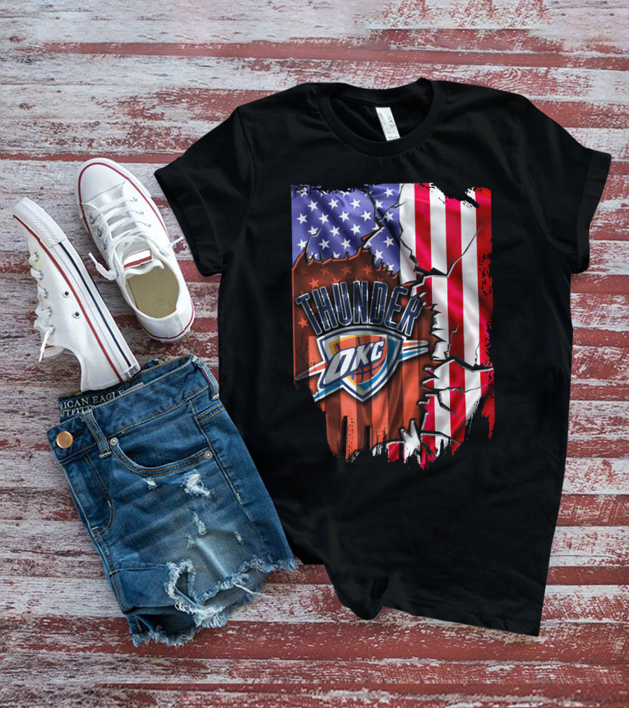 USA Flag Rip With Oklahoma City Thunder OKC Basketball T-Shirt