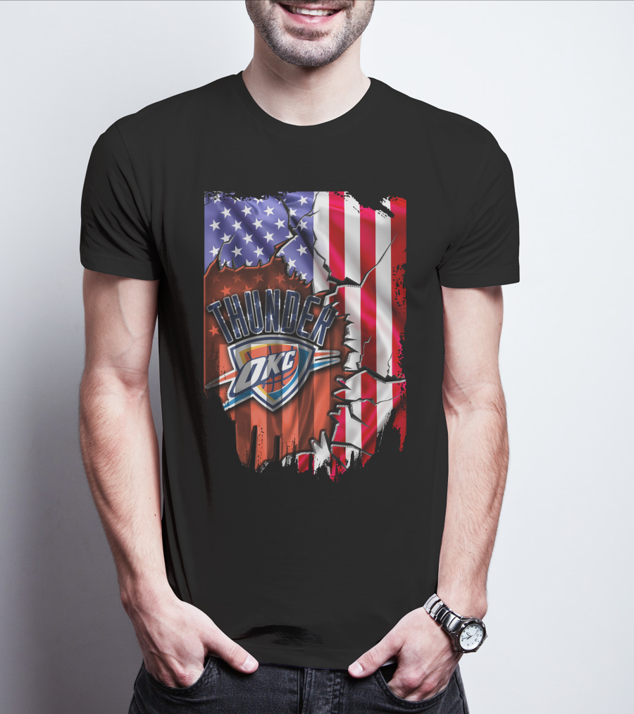USA Flag Rip With Oklahoma City Thunder OKC Basketball T-Shirt