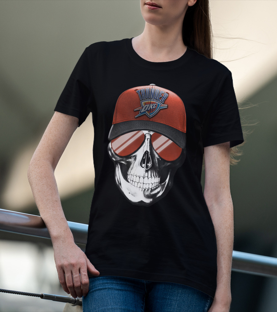 Skull With Oklahoma City Thunder Cap And Sunglasses T-Shirt