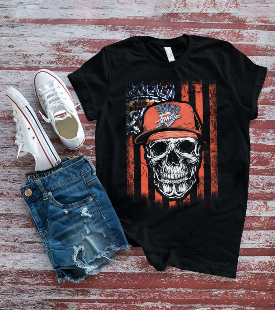 Skull Wearing Oklahoma City Thunder Cap With OKC Logo On T-Shirt
