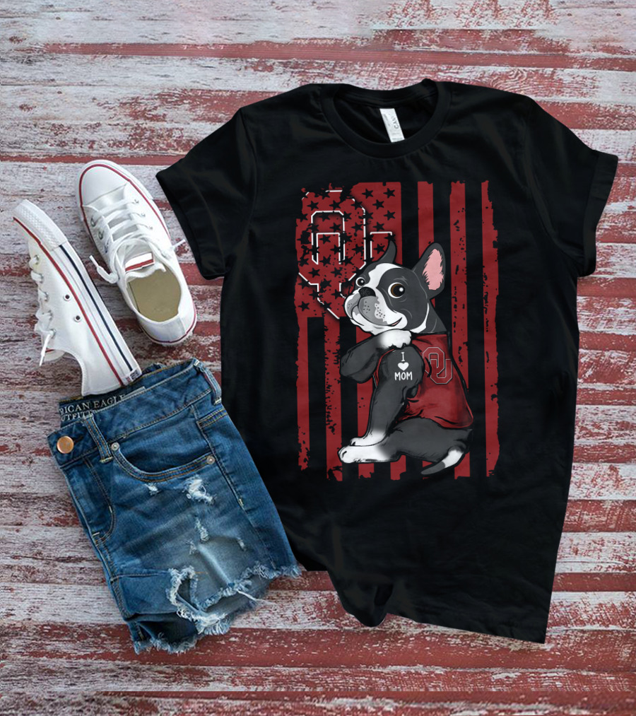 Boston Terrier I Heart Mom Oklahoma Sooners T-Shirt