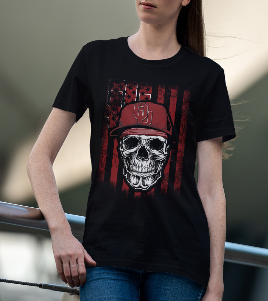 Skull With Oklahoma Sooners OU Cap On Distressed Red And Black Flag Background T-Shirt