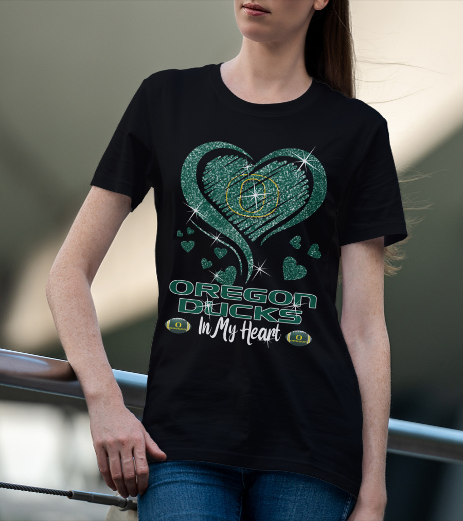 Oregon Ducks In My Heart Sparkling Green Hearts And Footballs T-Shirt