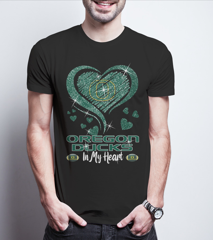 Oregon Ducks In My Heart Sparkling Green Hearts And Footballs T-Shirt